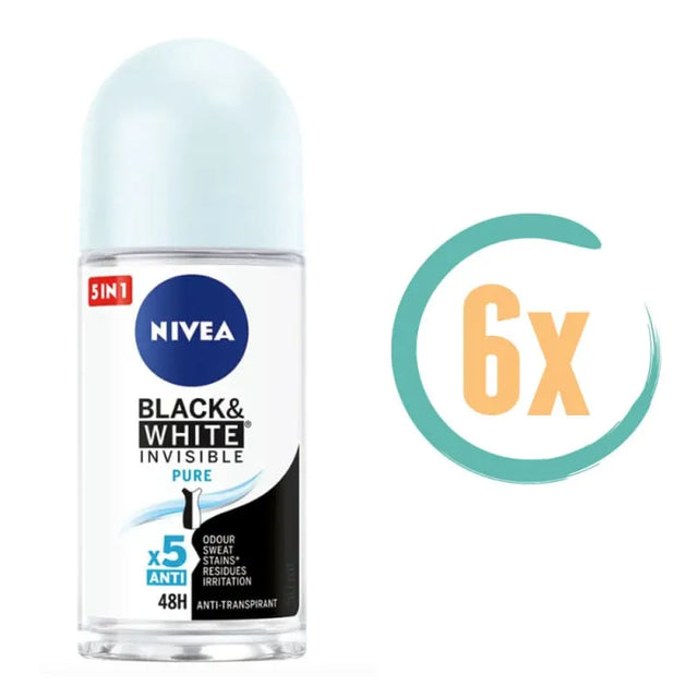 6x Nivea Invisible Black & White Pure Deoroller 50ml - 