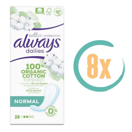 8x Always Dailies Bio Cotton Inlegkruisjes Normaal 28 stuks, VoordeligInslaan.nl