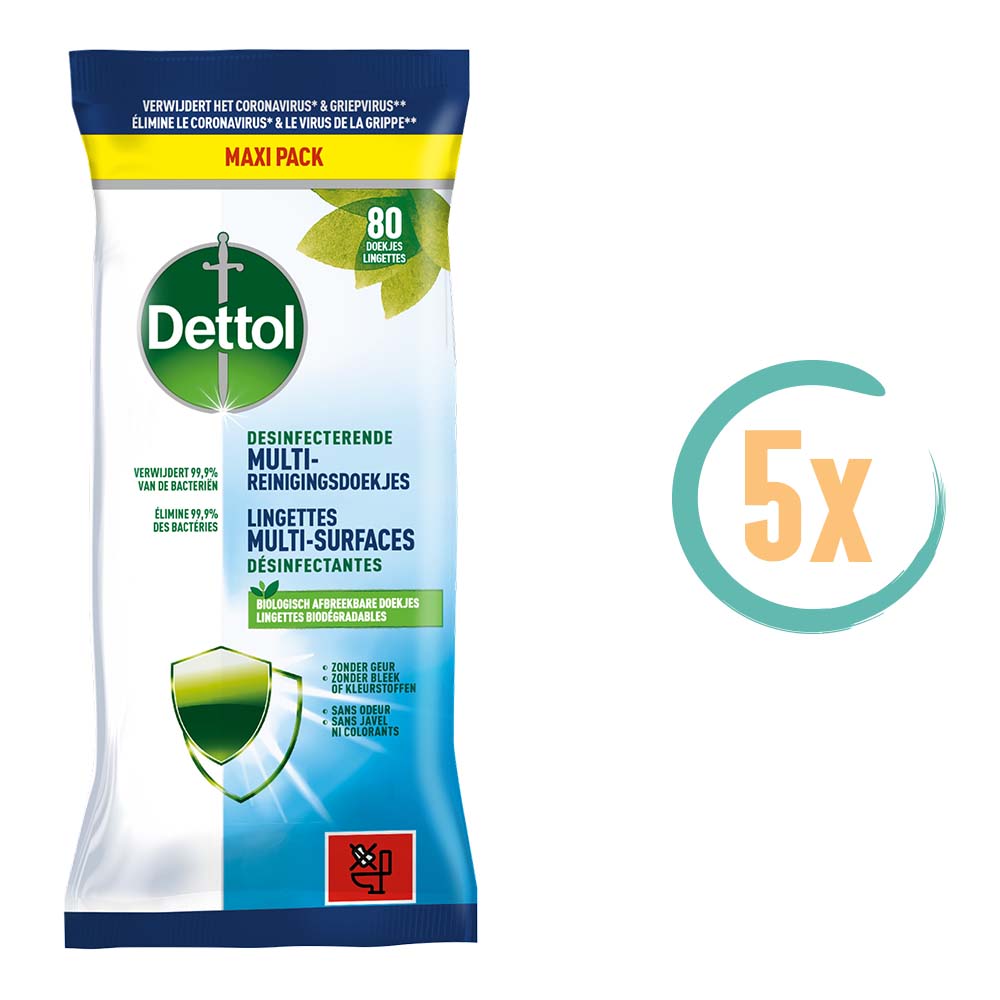 5x Dettol Desinfecterende Multi Reinigingsdoekjes 80 Stuks