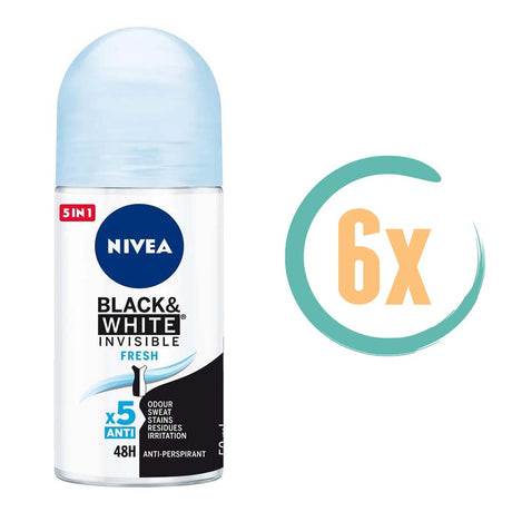 6x Nivea Invisible Black & White Fresh Deoroller 50ml, VoordeligInslaan.nl