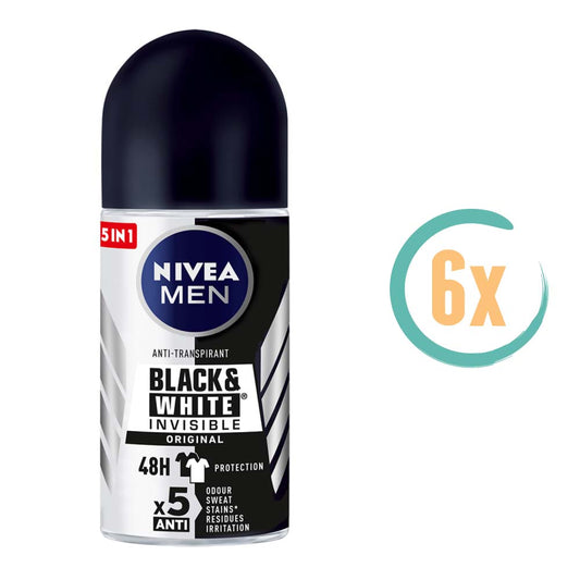 6x Nivea Men Invisible Black & White Original Deoroller 50ml