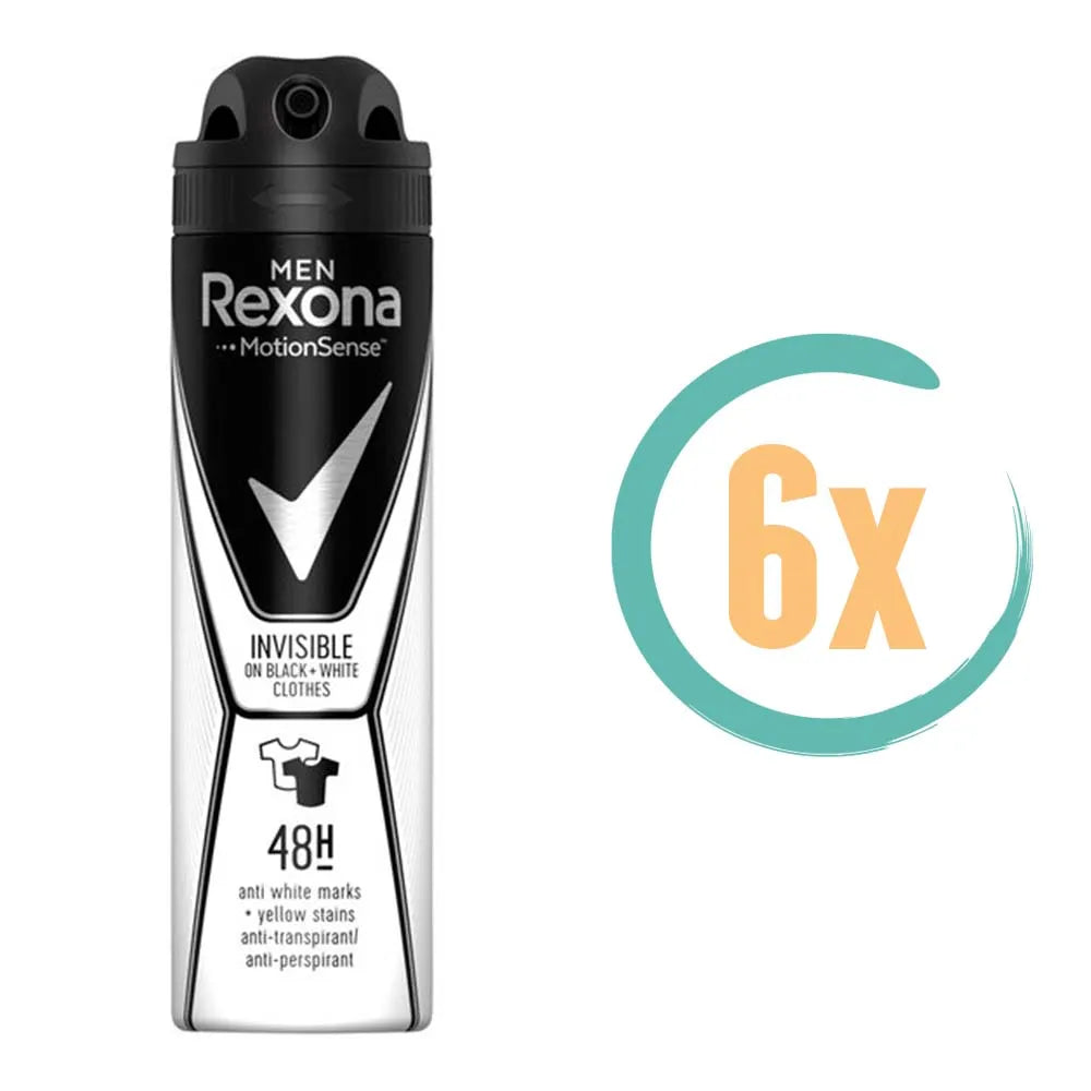 6x Rexona Men Invisible Black & White Deospray 150ml, VoordeligInslaan.nl