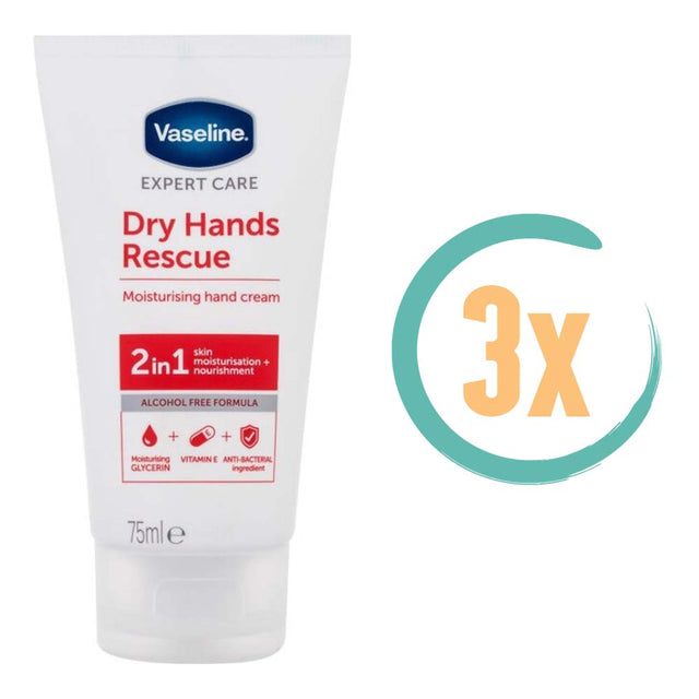 3x Vaseline Dry Hands Rescue Handcrème 75ml, VoordeligInslaan.nl